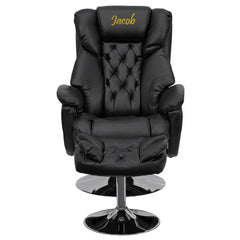 Personalized Transitional Black Leather Recliner and Ottoman with Chrome Base