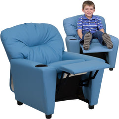 Contemporary Light Blue Vinyl Kids Recliner with Cup Holder