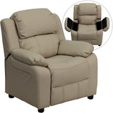 Deluxe Padded Contemporary Beige Vinyl Kids Recliner with Storage Arms