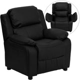 Deluxe Padded Contemporary Black Leather Kids Recliner with Storage Arms