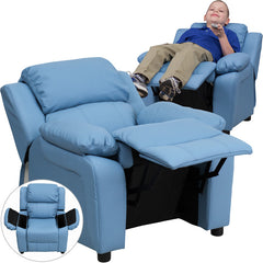 Deluxe Padded Contemporary Light Blue Vinyl Kids Recliner with Storage Arms