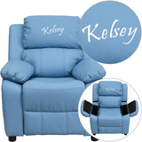 Personalized Deluxe Padded Light Blue Vinyl Kids Recliner with Storage Arms