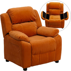 Deluxe Padded Contemporary Orange Microfiber Kids Recliner with Storage Arms