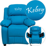 Personalized Deluxe Padded Turquoise Vinyl Kids Recliner with Storage Arms