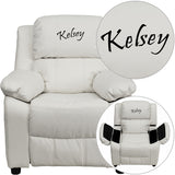 Personalized Deluxe Padded White Vinyl Kids Recliner with Storage Arms