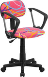 Multi-Colored Swirl Printed Pink Swivel Task Chair with Arms