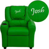 Personalized Green Vinyl Kids Recliner with Cup Holder and Headrest