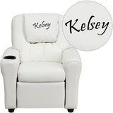 Personalized White Vinyl Kids Recliner with Cup Holder and Headrest