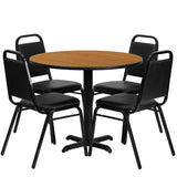 36'' Round Natural Laminate Table Set with 4 Black Trapezoidal Back Banquet Chairs