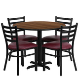 36'' Round Walnut Laminate Table Set with 4 Ladder Back Metal Chairs - Burgundy Vinyl Seat