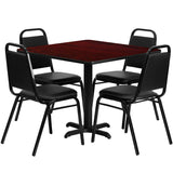 36'' Square Mahogany Laminate Table Set with 4 Black Trapezoidal Back Banquet Chairs