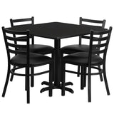 36'' Square Black Laminate Table Set with 4 Ladder Back Metal Chairs - Black Vinyl Seat