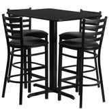 24''W x 42''L Rectangular Black Laminate Table Set with 4 Ladder Back Metal Bar Stools - Black Vinyl Seat