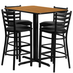 24''W x 42''L Rectangular Natural Laminate Table Set with 4 Ladder Back Metal Bar Stools - Black Vinyl Seat