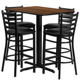 24''W x 42''L Rectangular Walnut Laminate Table Set with 4 Ladder Back Metal Bar Stools - Black Vinyl Seat