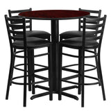 30'' Round Mahogany Laminate Table Set with 4 Ladder Back Metal Bar Stools - Black Vinyl Seat