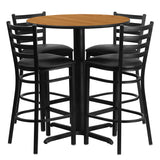 30'' Round Natural Laminate Table Set with 4 Ladder Back Metal Bar Stools - Black Vinyl Seat