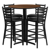 30'' Round Walnut Laminate Table Set with 4 Ladder Back Metal Bar Stools - Black Vinyl Seat