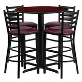 30'' Round Mahogany Laminate Table Set with 4 Ladder Back Metal Bar Stools - Burgundy Vinyl Seat