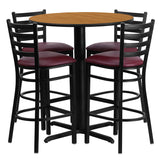 30'' Round Natural Laminate Table Set with 4 Ladder Back Metal Bar Stools - Burgundy Vinyl Seat