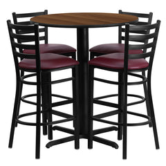 30'' Round Walnut Laminate Table Set with 4 Ladder Back Metal Bar Stools - Burgundy Vinyl Seat