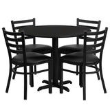 36'' Round Black Laminate Table Set with 4 Ladder Back Metal Chairs - Black Vinyl Seat