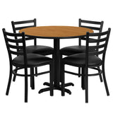 36'' Round Natural Laminate Table Set with 4 Ladder Back Metal Chairs - Black Vinyl Seat