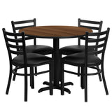 36'' Round Walnut Laminate Table Set with 4 Ladder Back Metal Chairs - Black Vinyl Seat