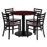 36'' Round Mahogany Laminate Table Set with 4 Ladder Back Metal Chairs - Mahogany Wood Seat