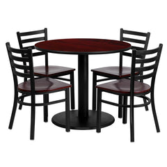 36'' Round Mahogany Laminate Table Set with 4 Ladder Back Metal Chairs - Mahogany Wood Seat