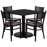 36'' Square Black Laminate Table Set with 4 Grid Back Metal Chairs - Mahogany Wood Seat