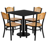 30'' Square Black Laminate Table Set with 4 Wood Slat Back Metal Chairs - Natural Wood Seat