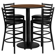 36'' Round Walnut Laminate Table Set with 4 Ladder Back Metal Bar Stools - Black Vinyl Seat