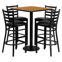 30'' Square Natural Laminate Table Set with 4 Ladder Back Metal Bar Stools - Black Vinyl Seat