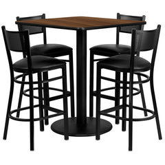 36'' Square Walnut Laminate Table Set with 4 Grid Back Metal Bar Stools - Black Vinyl Seat