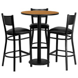 30'' Round Natural Laminate Table Set with 3 Grid Back Metal Bar Stools - Black Vinyl Seat