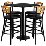 30'' Square Black Laminate Table Set with 4 Wood Slat Back Metal Bar Stools - Black Vinyl Seat