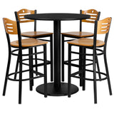 36'' Round Black Laminate Table Set with 4 Wood Slat Back Metal Bar Stools - Natural Wood Seat