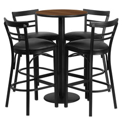 24'' Round Walnut Laminate Table Set with 4 Ladder Back Bar Stools - Black Vinyl Seat