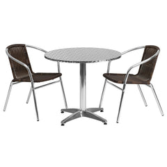 31.5'' Round Aluminum Indoor-Outdoor Table with 2 Rattan Chairs