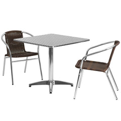 31.5'' Square Aluminum Indoor-Outdoor Table with 2 Rattan Chairs