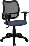 Mid-Back Mesh Swivel Task Chair with Navy Blue Fabric Padded Seat and Height Adjustable Arms