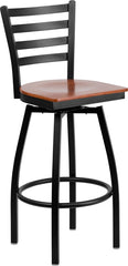 HERCULES Series Black Ladder Back Swivel Metal Barstool - Cherry Wood Seat