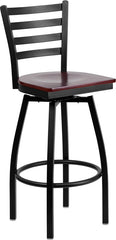 HERCULES Series Black Ladder Back Swivel Metal Barstool - Mahogany Wood Seat