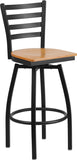 HERCULES Series Black Ladder Back Swivel Metal Barstool - Natural Wood Seat