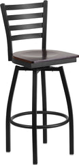 HERCULES Series Black Ladder Back Swivel Metal Barstool - Walnut Wood Seat