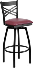 HERCULES Series Black ''X'' Back Swivel Metal Barstool - Burgundy Vinyl Seat