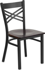 HERCULES Series Black ''X'' Back Metal Restaurant Chair - Walnut Wood Seat