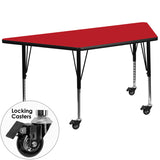 Mobile 24''W x 48''L Trapezoid Activity Table with 1.25'' Thick High Pressure Red Laminate Top and Height Adjustable Preschool Legs