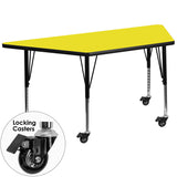 Mobile 24''W x 48''L Trapezoid Activity Table with 1.25'' Thick High Pressure Yellow Laminate Top and Height Adjustable Preschool Legs